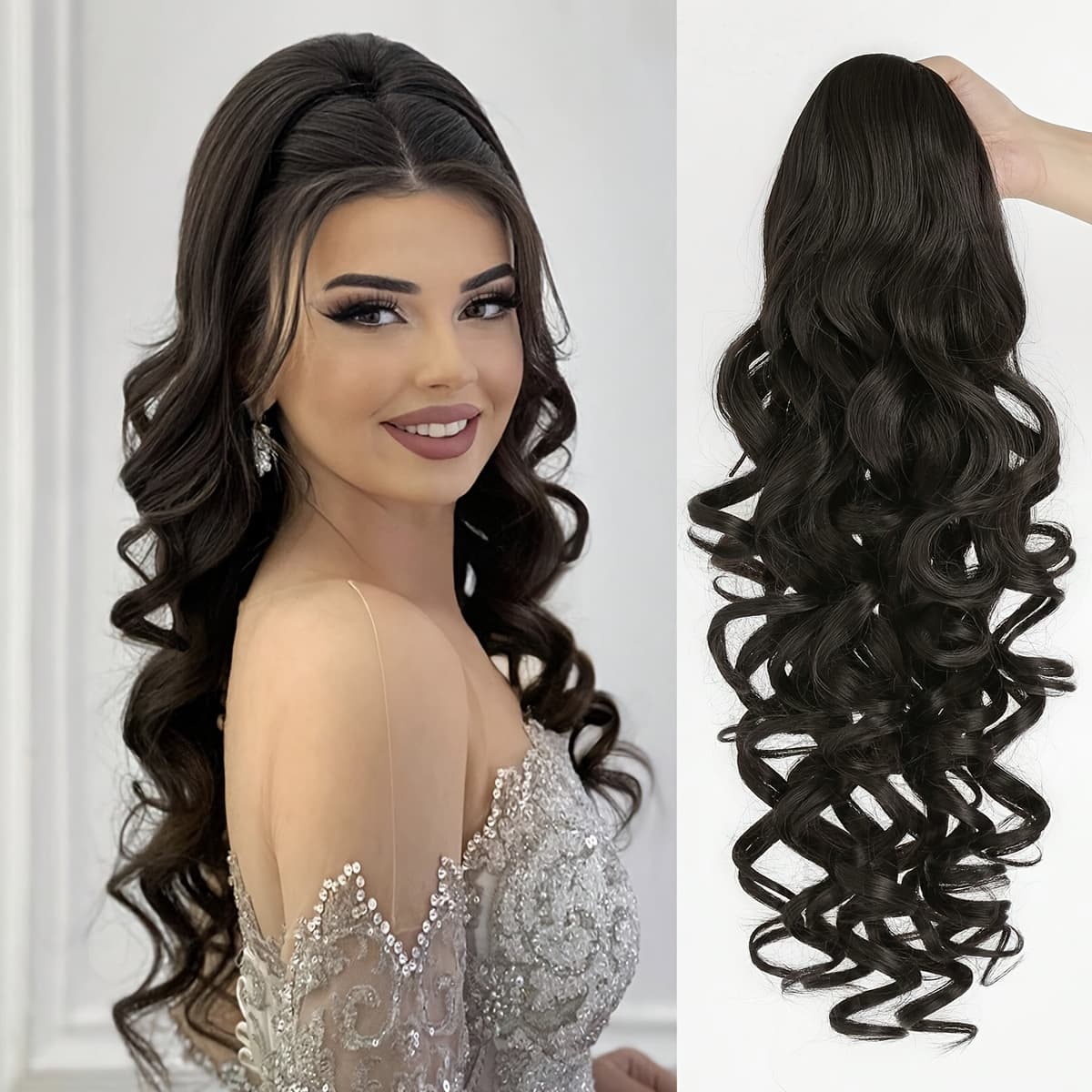 TEMU Elegant 22" Black Deep Clip Ponytail Extension - Heat-resistant Synthetic Hair, Curls, Perfect For Women' Use, Ponytail Hair Extensions