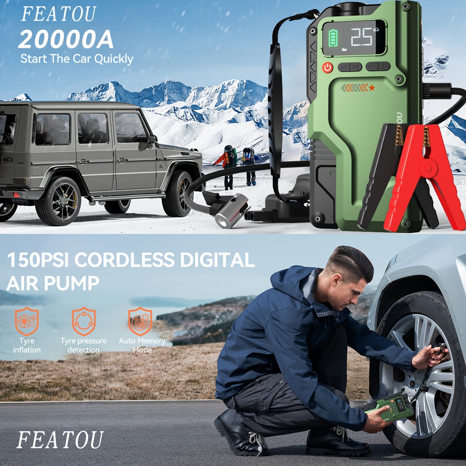 TEMU 20000a Jump Starter With Air Compressor, Heavy Duty Jump Starterbox Jump Pack 150psl With Digital Tire Inflator, Car Battery Charger Portable For 10l 9.0l Battery Charger, Starter Portable