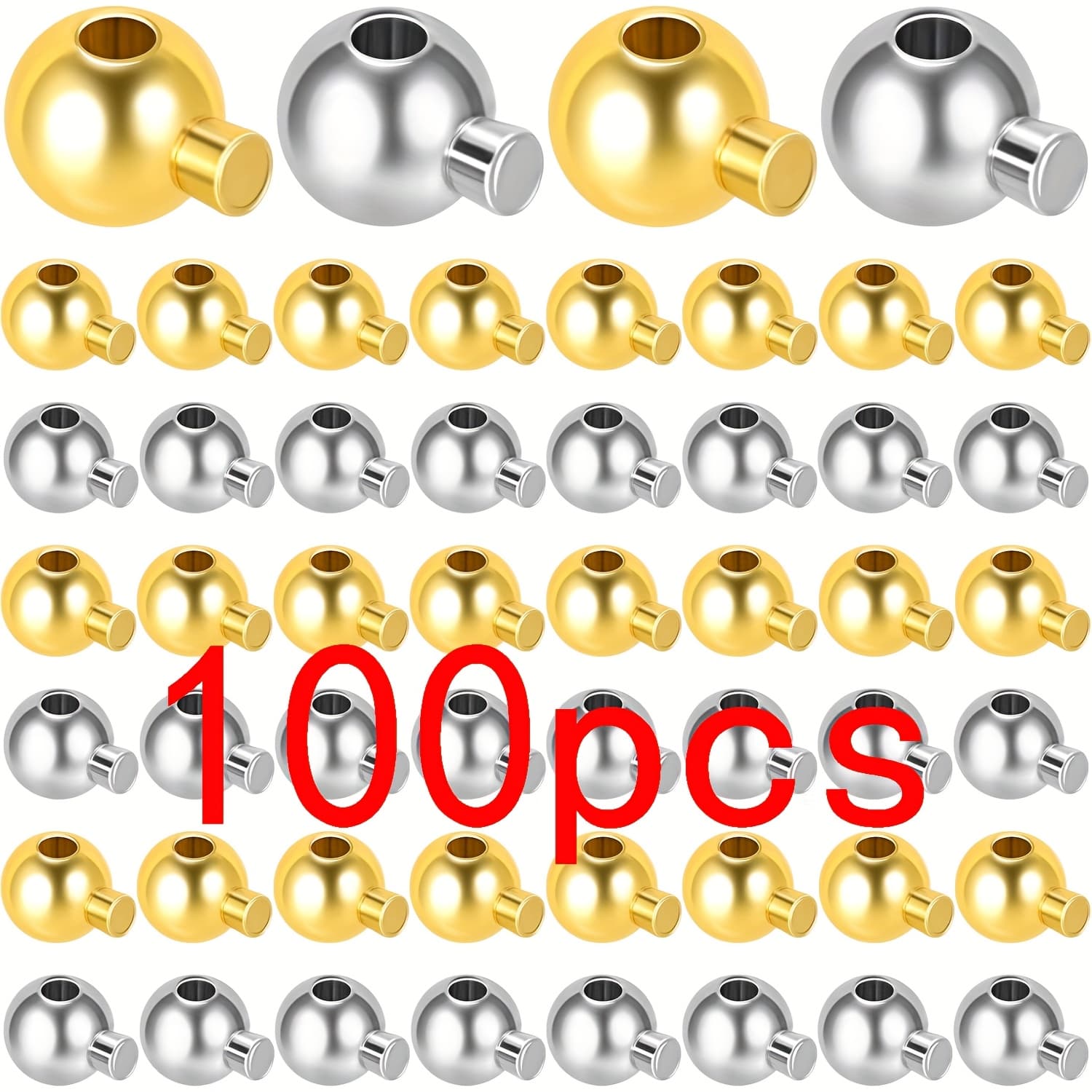 TEMU 100pcs Crimp Beads For Jewelry Making, Golden Silvery Spacer Beads Metal Bead Stopper Crimp Charms For Bracelet Necklace Ends Accessories (golden & Silvery, Round)