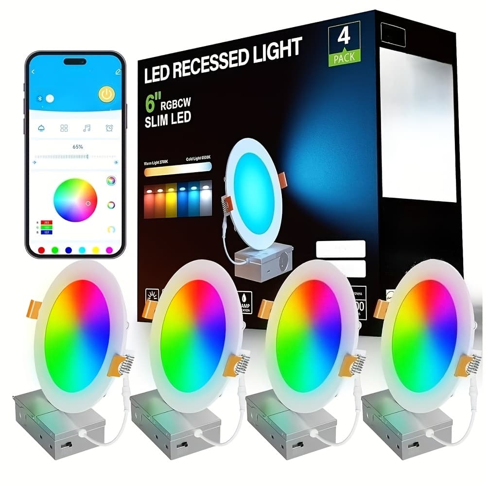 TEMU 4pack Smart Rgb/cct Color-changing Led Recessed Lights With Wifi, Dimmable Compatible For Alexa & , Junction Box Suitable For Ceiling, Ultra-thin Canless Panel For, Office, (no Bulb Replacement)