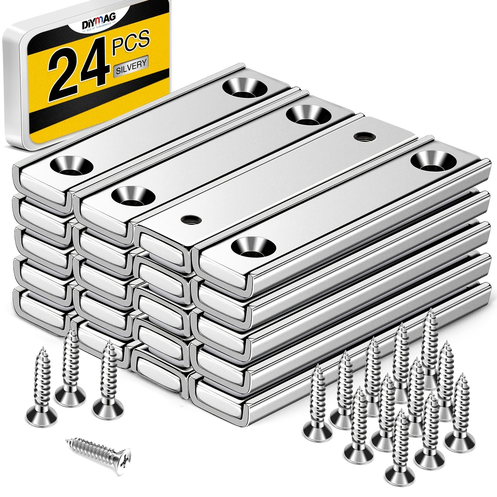 TEMU Neodymium Rectangular Magnets 24pack, 2.36" X 0.53" X 0.20" 80lbs Pulling Force Countersunk Hole Magnet With Mounting Screws Cabinet Magnetic Bar For Wall Mounting, Silvery