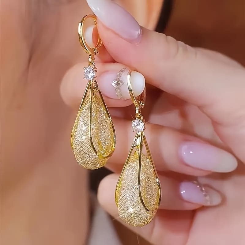 TEMU Luxurious Shiny Golden Mesh Droplet Shaped Earrings, Elegant And Fashionable Earrings For Women, Suitable For Daily Leisure And Vacation Use, Or As Jewelry Gifts To Give Away