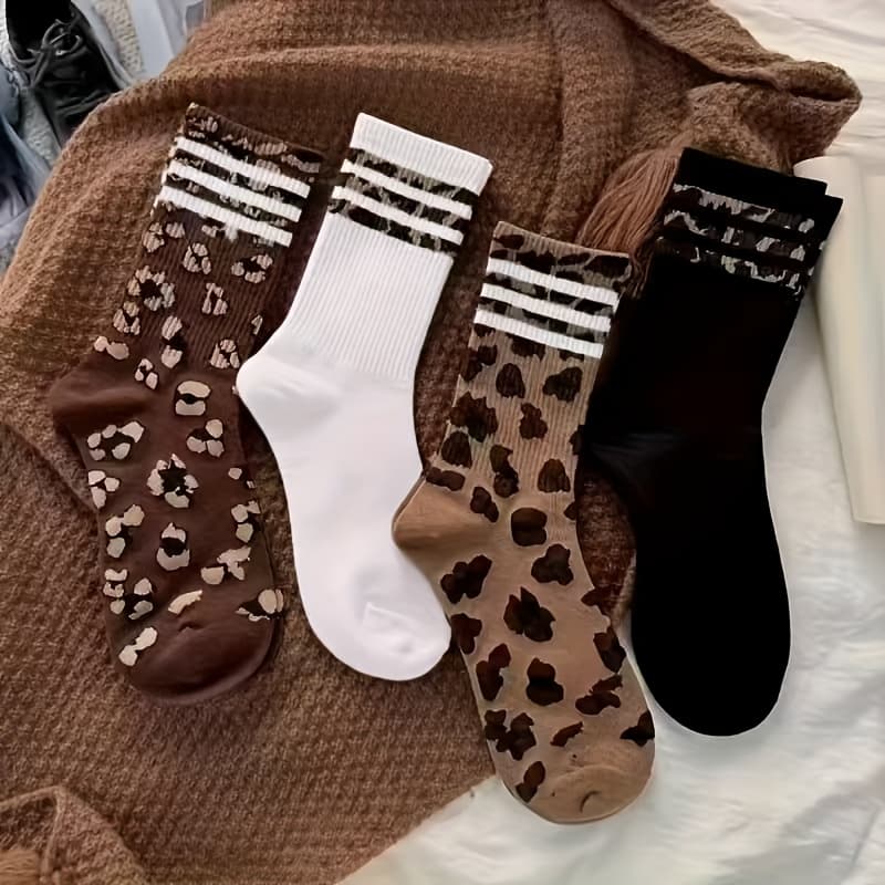 TEMU 4 Pairs Of Spotted Leopard Print Short Socks, Versatile, , Comfortable, And Soft
