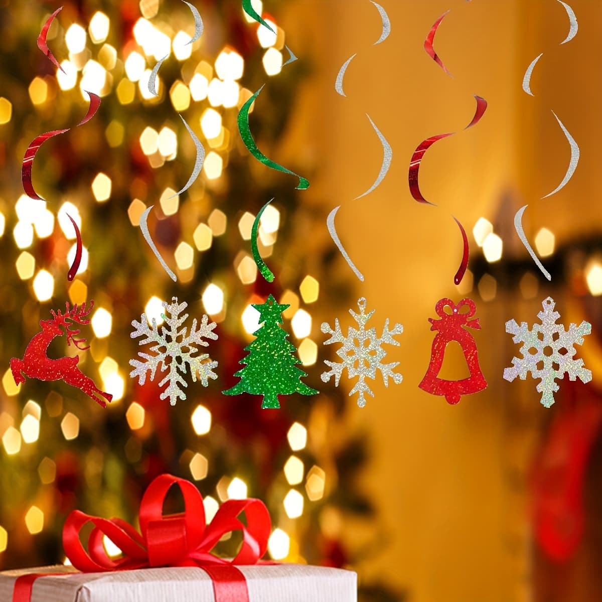 TEMU 12pcs Of Christmas Party Decoration Items Including Laser Spiral Snowflakes, Christmas Tree, Reindeer, And Bell Ornaments For Window Displays