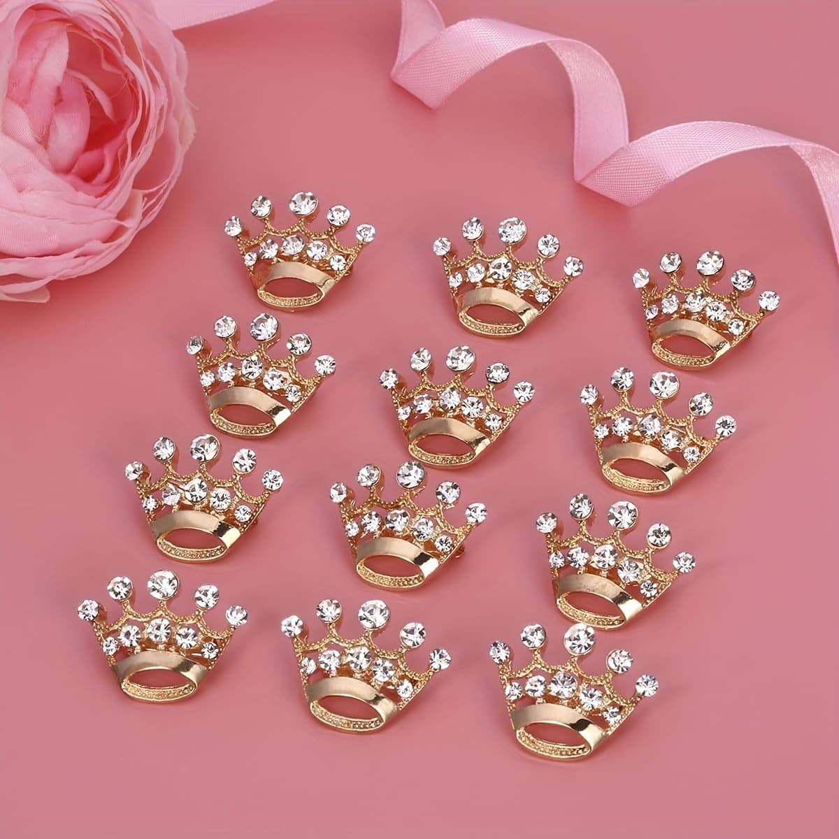 TEMU 12pcs Crown Brooch Pins, Alloy Party Tiara Corsage With Synthetic Gemstones, Versatile Accessory For Daily & Party Occasions, For Wedding, Valentine's Day & Pageants