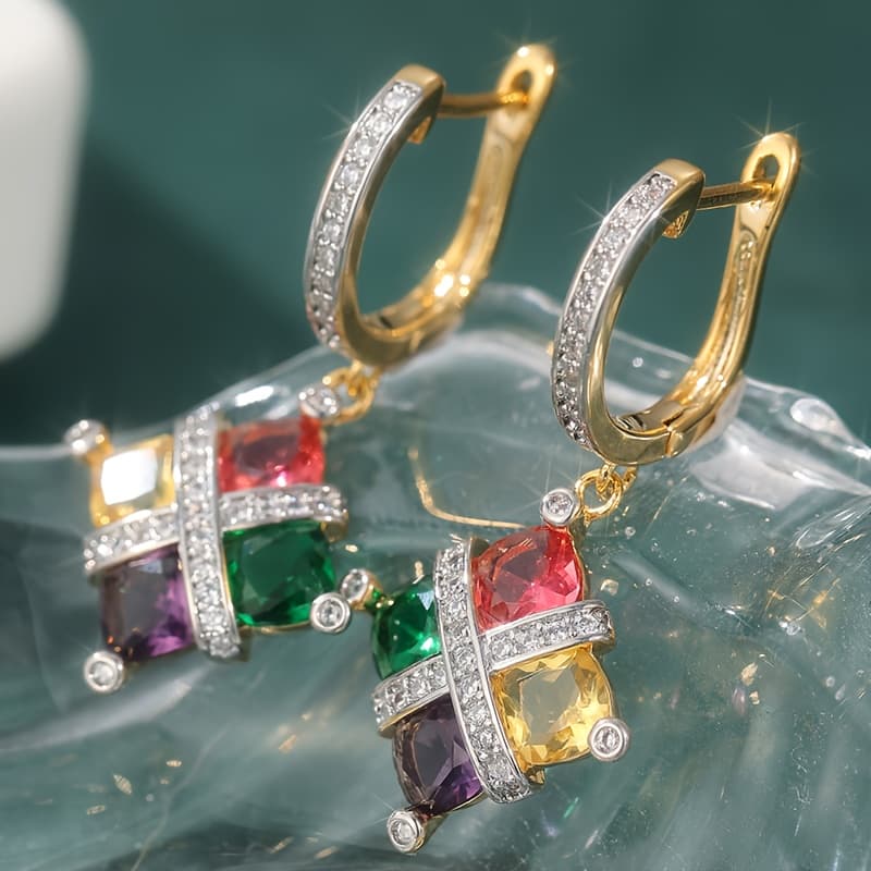 TEMU Vintage Square Copper Material Inlaid With 4 Synthetic Zirconia Earrings, Women's Luxury Pendant Earrings