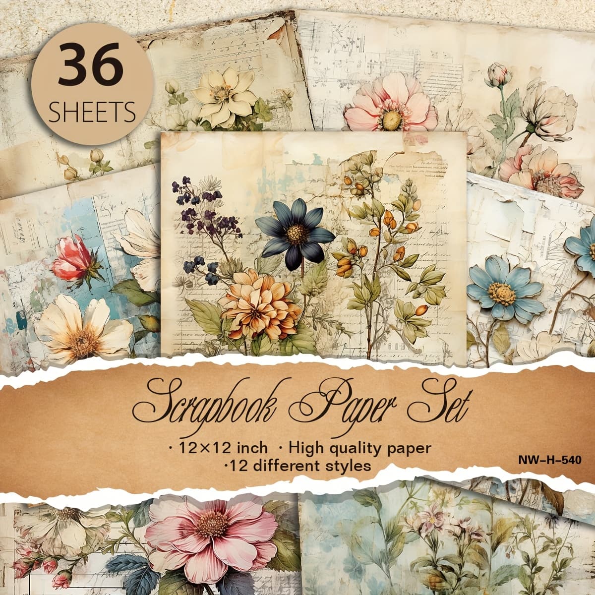 TEMU Set Of 36 Sheets Of 12"x12" Paper Featuring 12 Distinct Designs, Perfect For Crafts, Journaling, Gift Wrapping, Planner Decoration, And Aesthetic Embellishments With Realistic Floral Patterns