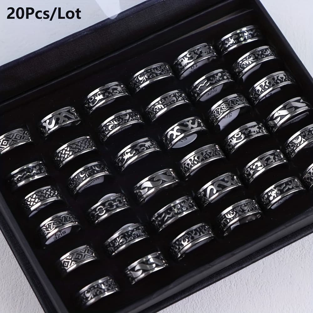 TEMU 20pcs/lot Retro Fashion Trend Black Stainless Steel Rings Suitable For Men's Leisure, Daily Work, Party Decoration Wearing, Excluding Boxes