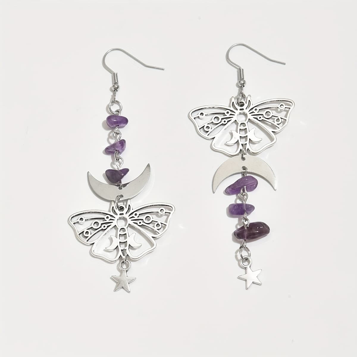 TEMU Vintage Bohemian Asymmetrical Tassel Gravel Star Moon Cutout Moth Alloy Earrings
