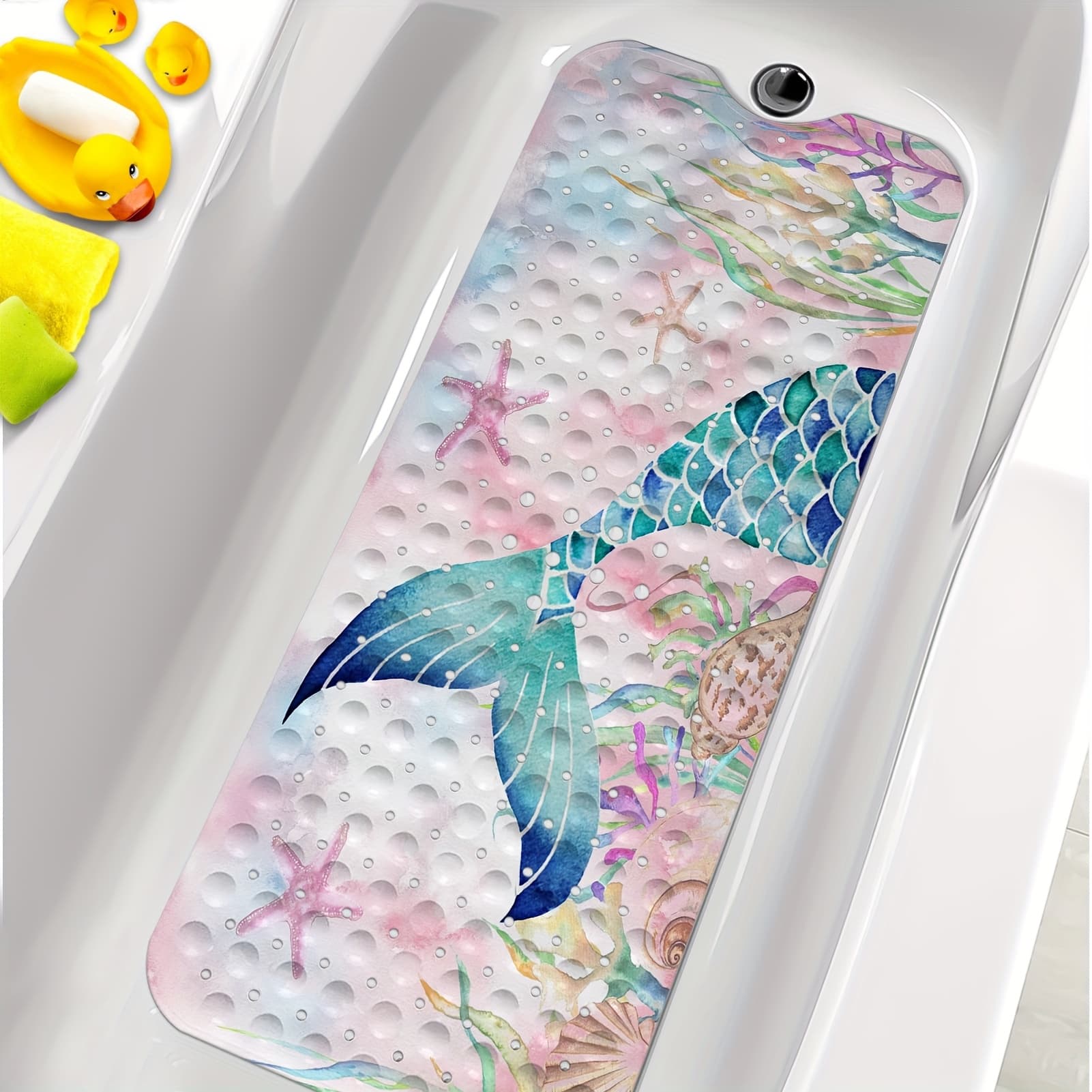 TEMU Pink Mermaid Bath Mat For Tub Non Slip, 40 X 16 Inch Large Washable Bathtub Mat Non Slip For Showers With Drain Holes And Suction Cups