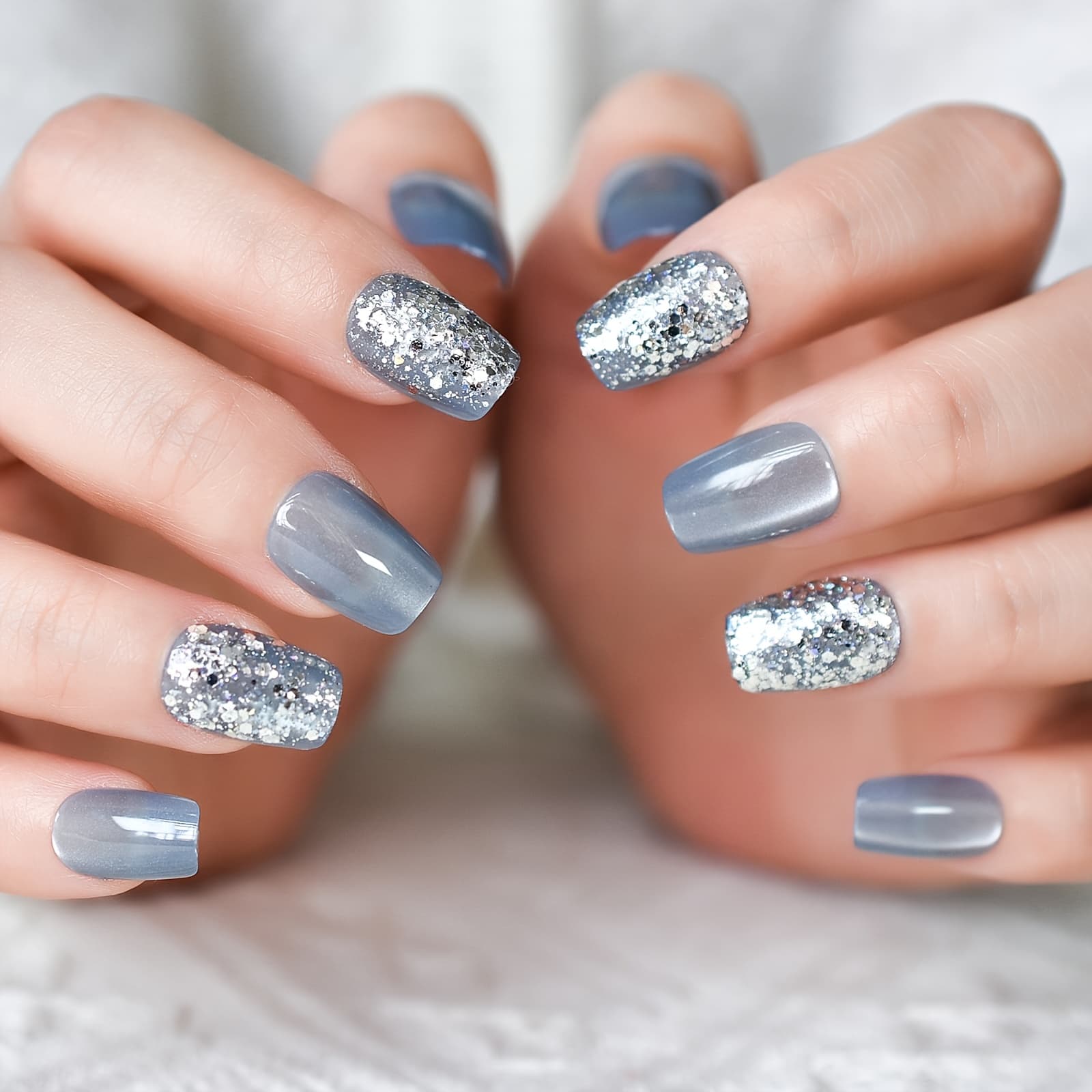 TEMU 10pcs Blue Handmade Press On Nail Tips Glitter Cover Blue Tone Ballet Short Nails With Tools