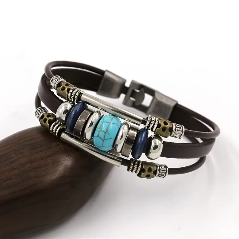 TEMU 1pc Fashion Turquoise Beaded Personality Ethnic Style Bracelet Couple Charm Leather Bracelet Party Holiday Gift Accessories For Women Men Jewelry