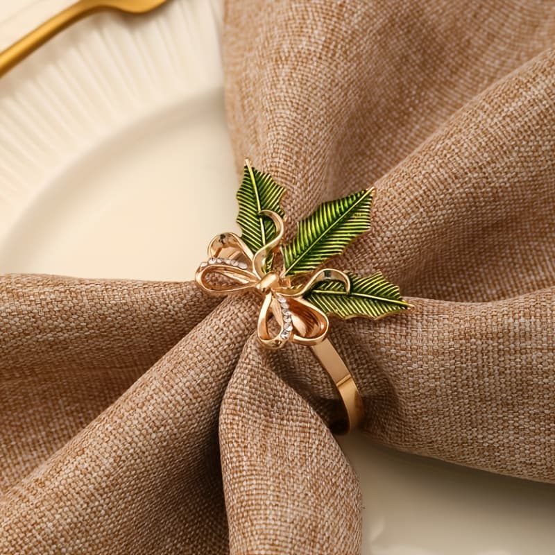 TEMU 4pcs/6pcs Bow Christmas Leaf Christmas Autumn Winter Christmas Tree Thanksgiving Napkin Ring Western Restaurant Bohemian Vintage Napkin Ring Halloween, Wedding Celebrations, Party Table Settings