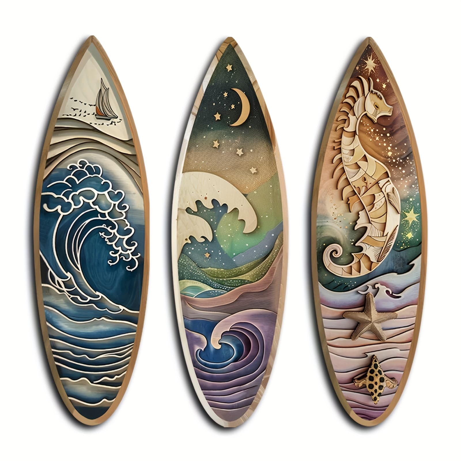 TEMU 3pcs Wooden Surfboard Wall Art Set Nautical Boat Seahorse Art No Electricity Needed Ramadan New Year Beach Decor