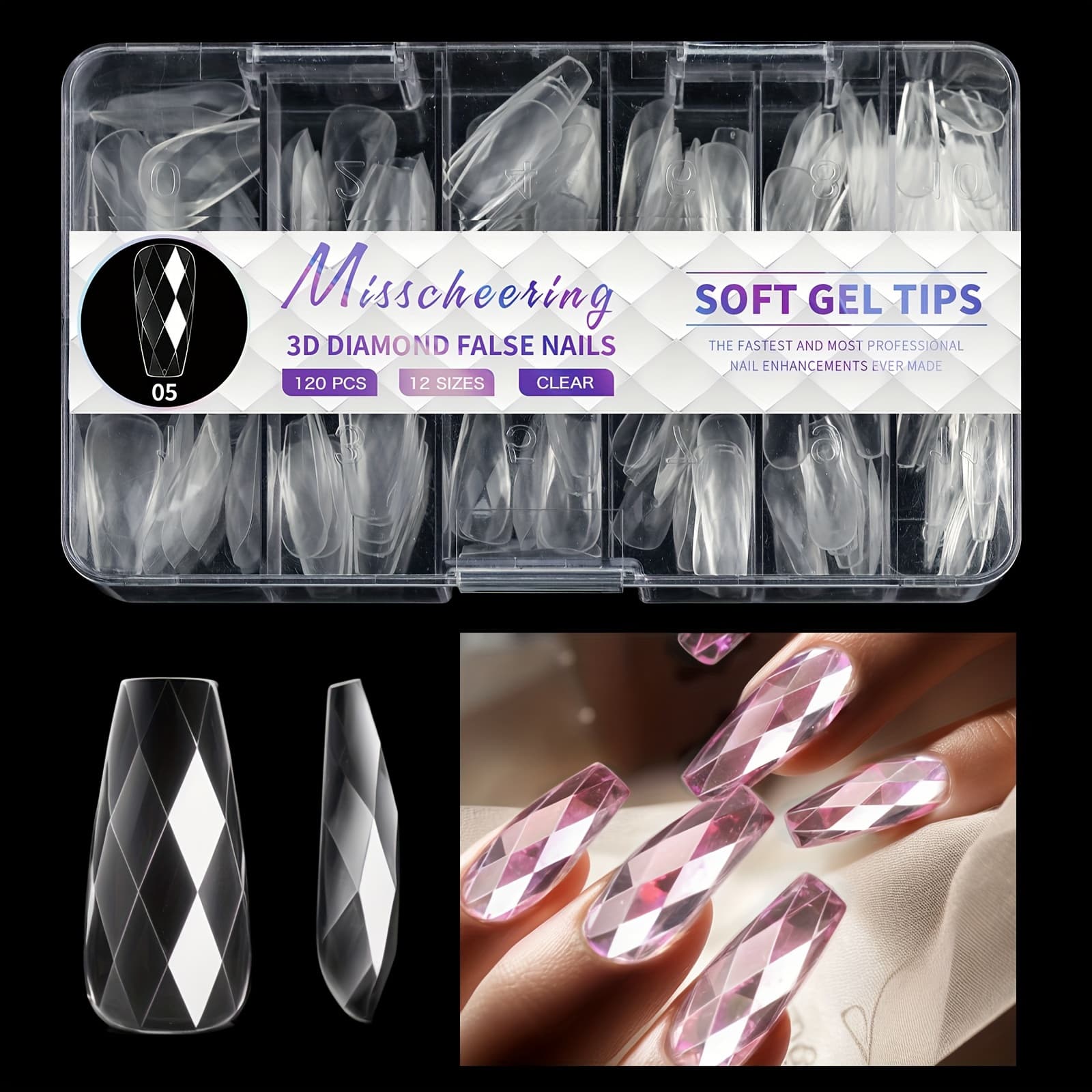 TEMU 120/140pcs Diamond Face Rhombus Artificial Acrylic Almond Ballet False Nail Tips Press On Nails