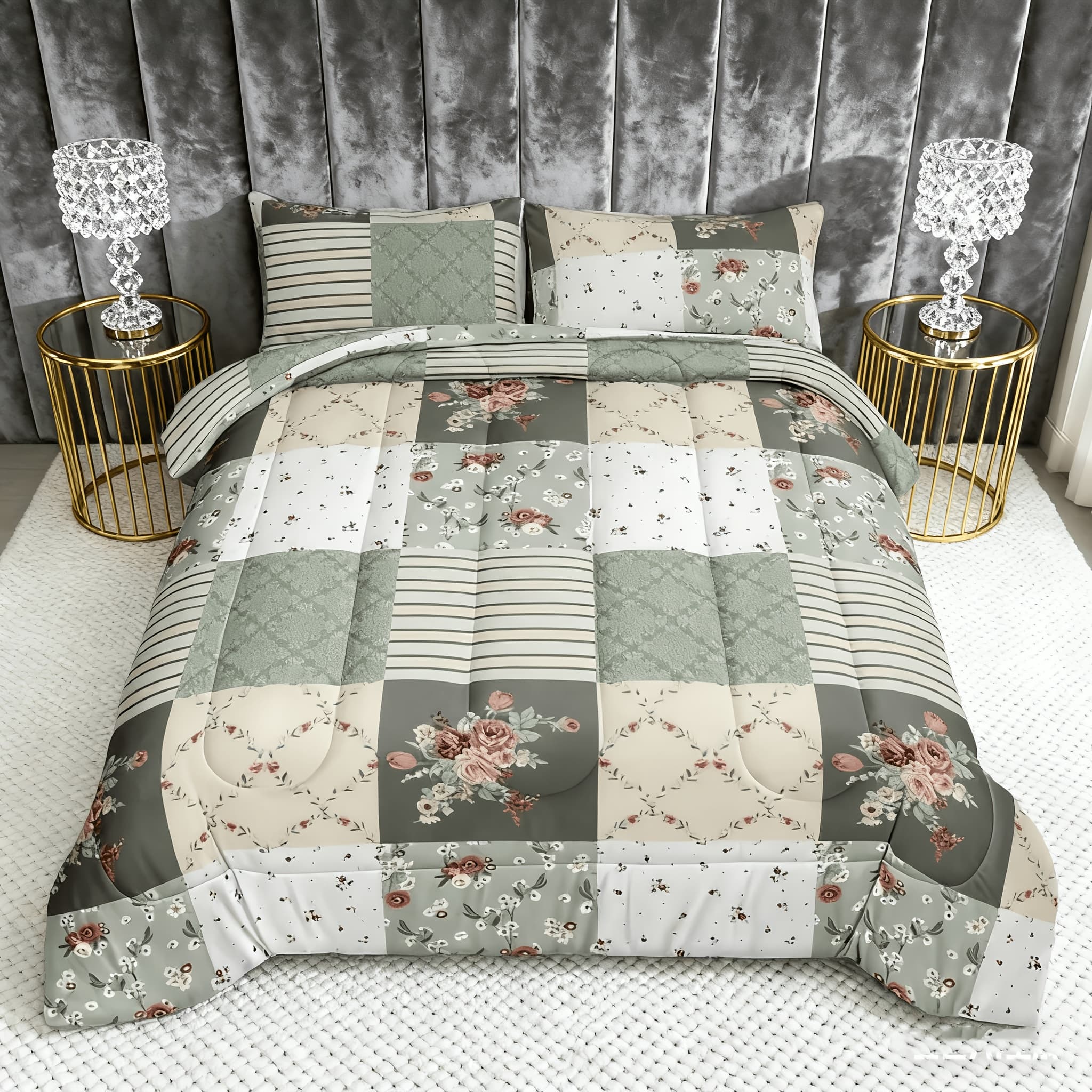 TEMU Green Floral Quilt Set - Breathable Bedding For Winter & Summer, 1/2 Pillowcase+1 Duvet Cover (excluding Pillowcase Core) - Green & Red Floral Quilt For Cozy Bedroom