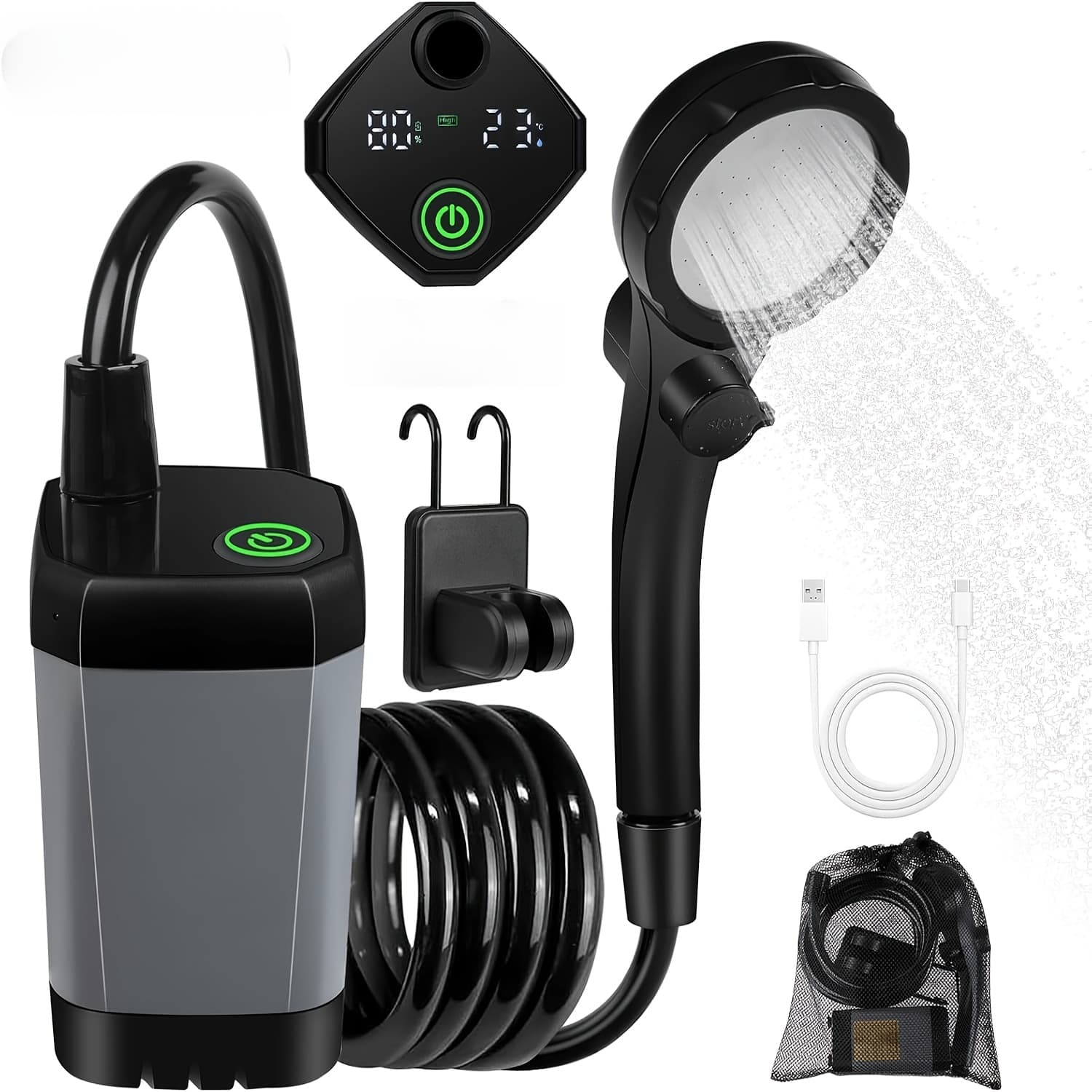 TEMU Camping Shower With Pump, 120-minute , Portable Shower Set With 2m Hose, Shower Head Holder For Garden, Car Wash, Pet, Beach, And Travel.