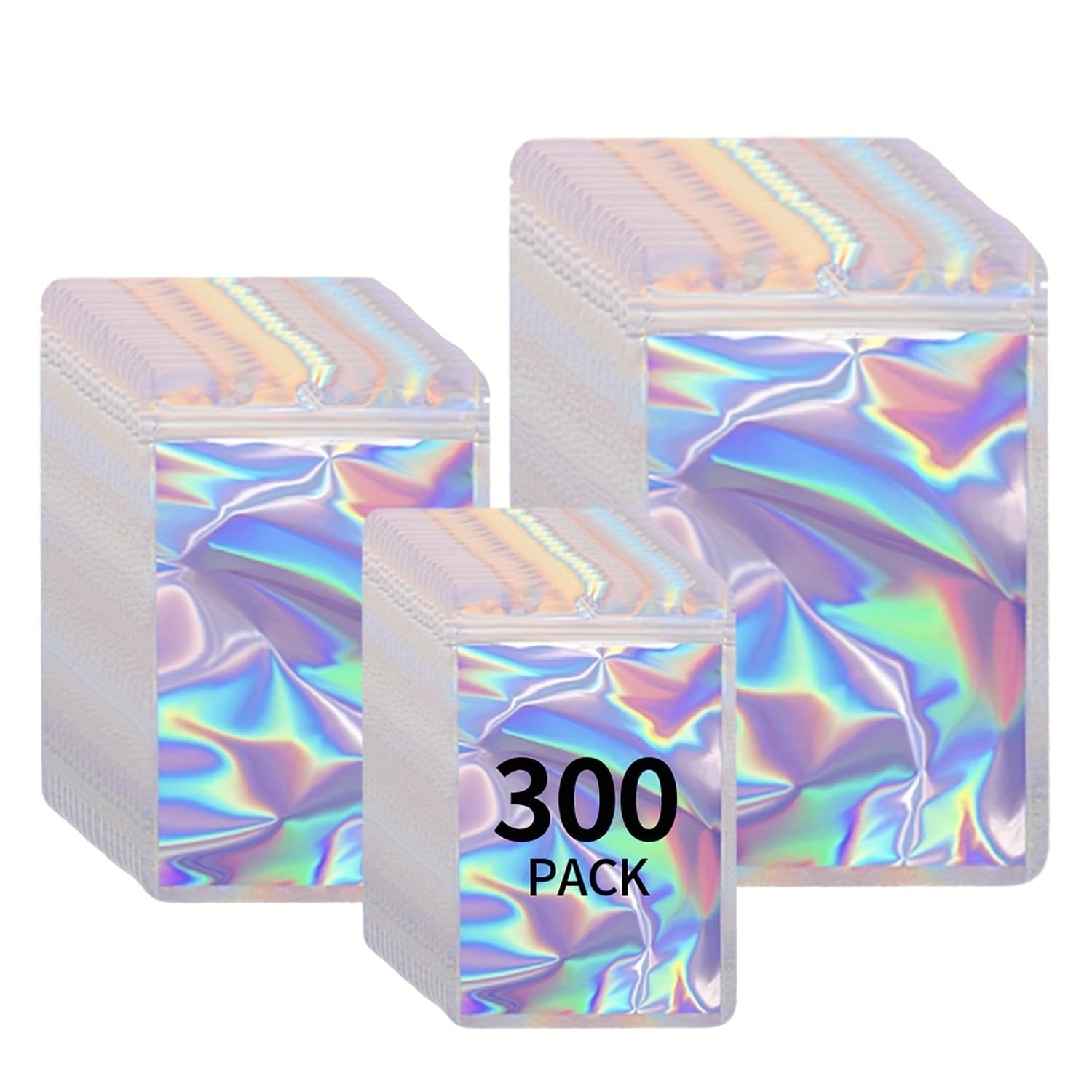 TEMU 300pcs Resealable Holographic Foil Bags – Mylar Zipper Pouches With Transparent Window For Small Business, Samples, Candy, Jewelry, And Gift Packaging