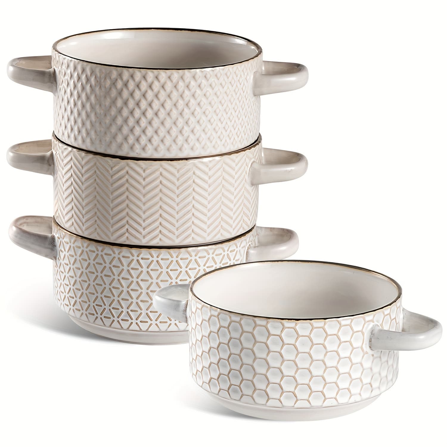 TEMU Ceramic Soup Bowls Set - 27oz Crocks With Handles - Embossed Stoneware Bowls For Soup Cereal Beef Stew Chili - Microwave Dishwasher Oven Safe - Set Of 4