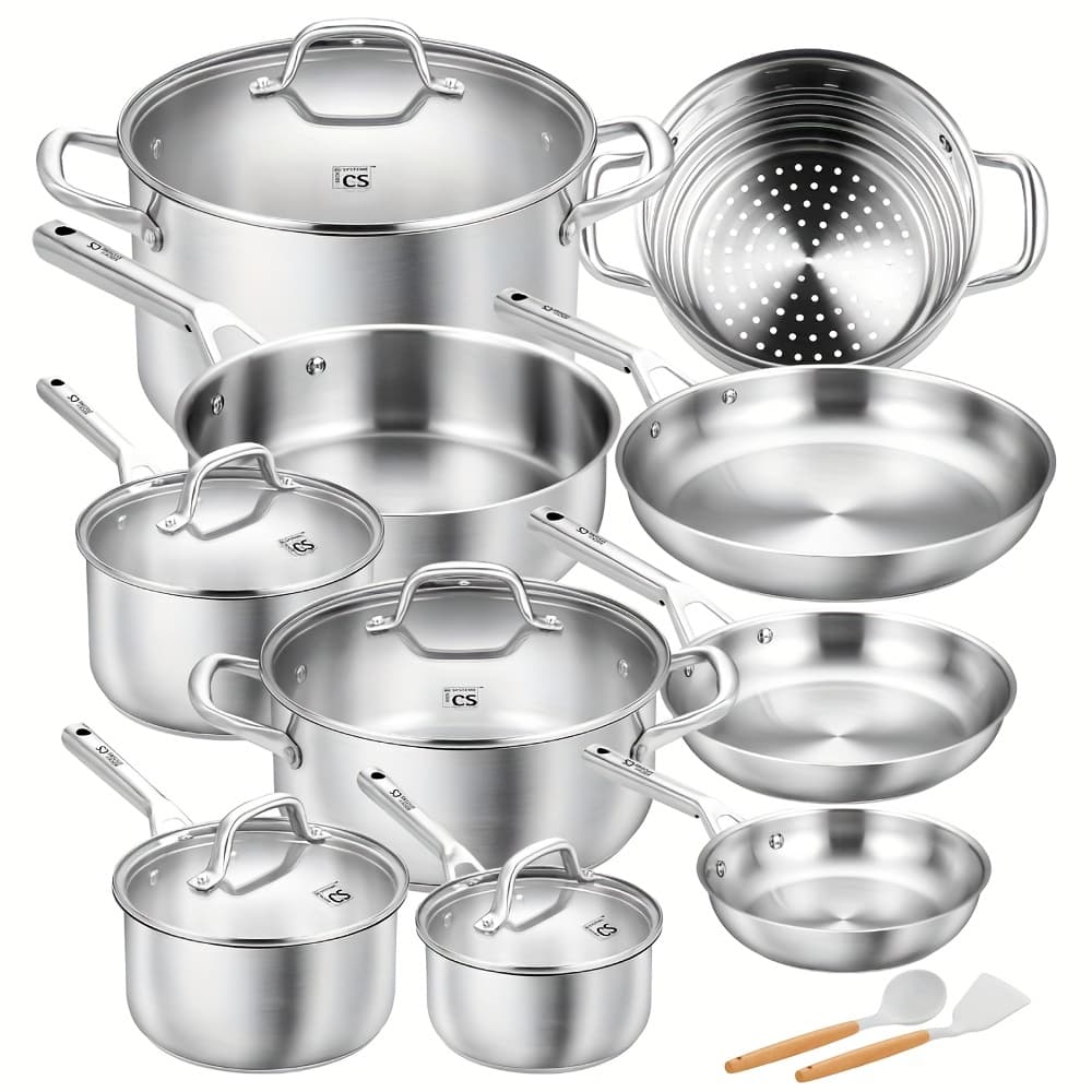 TEMU 17pcs Stainless Steel Cookware Set, 17pcs Stainless Steel Pots And Pans Set For , Stainless Steel Kitchen Set Suitable For All Stoves, Induction Cookware Set, Oven & Dishwasher Safe