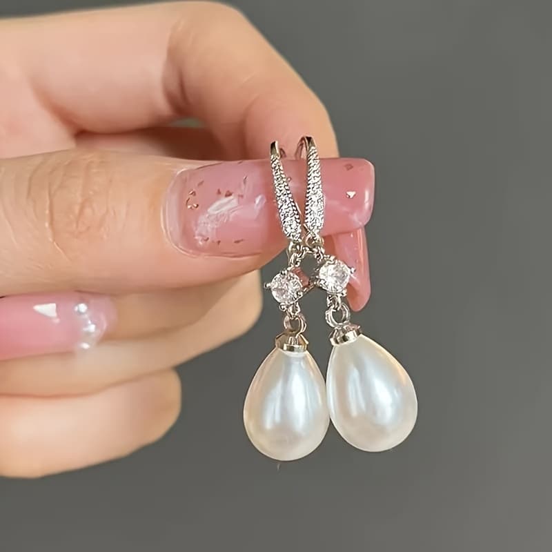 TEMU Elegant Ladies Pearl Earrings Silver Plated Zirconia Dangle Earrings Women Bridal Romantic Engagement Jewelry Anniversary Gift