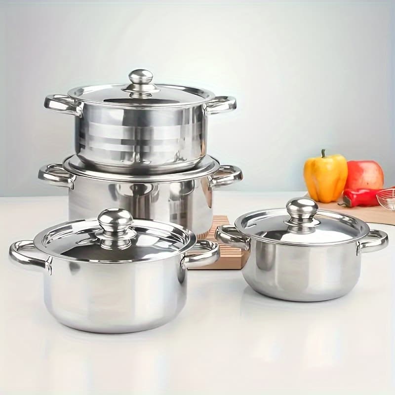 TEMU 8pcs Stainless Steel Cookware Set With Lids - Multi-functional, Oven-safe Pots & Pans For Essential - Durable Kitchen Must-haves