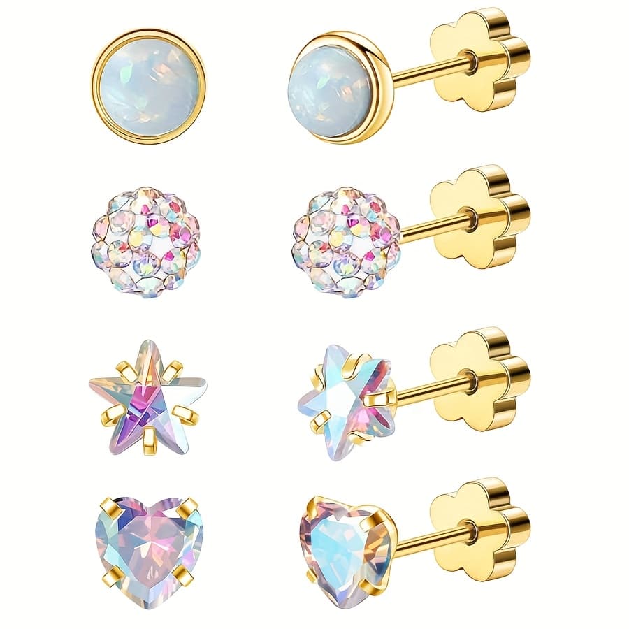 TEMU 4 Pairs Of Spiral Back Ear Studs, Suitable For Girls And, Flat Back Ear Studs, Cz Flower-shaped Heart-shaped Cartilage Earring Set., For Teenager