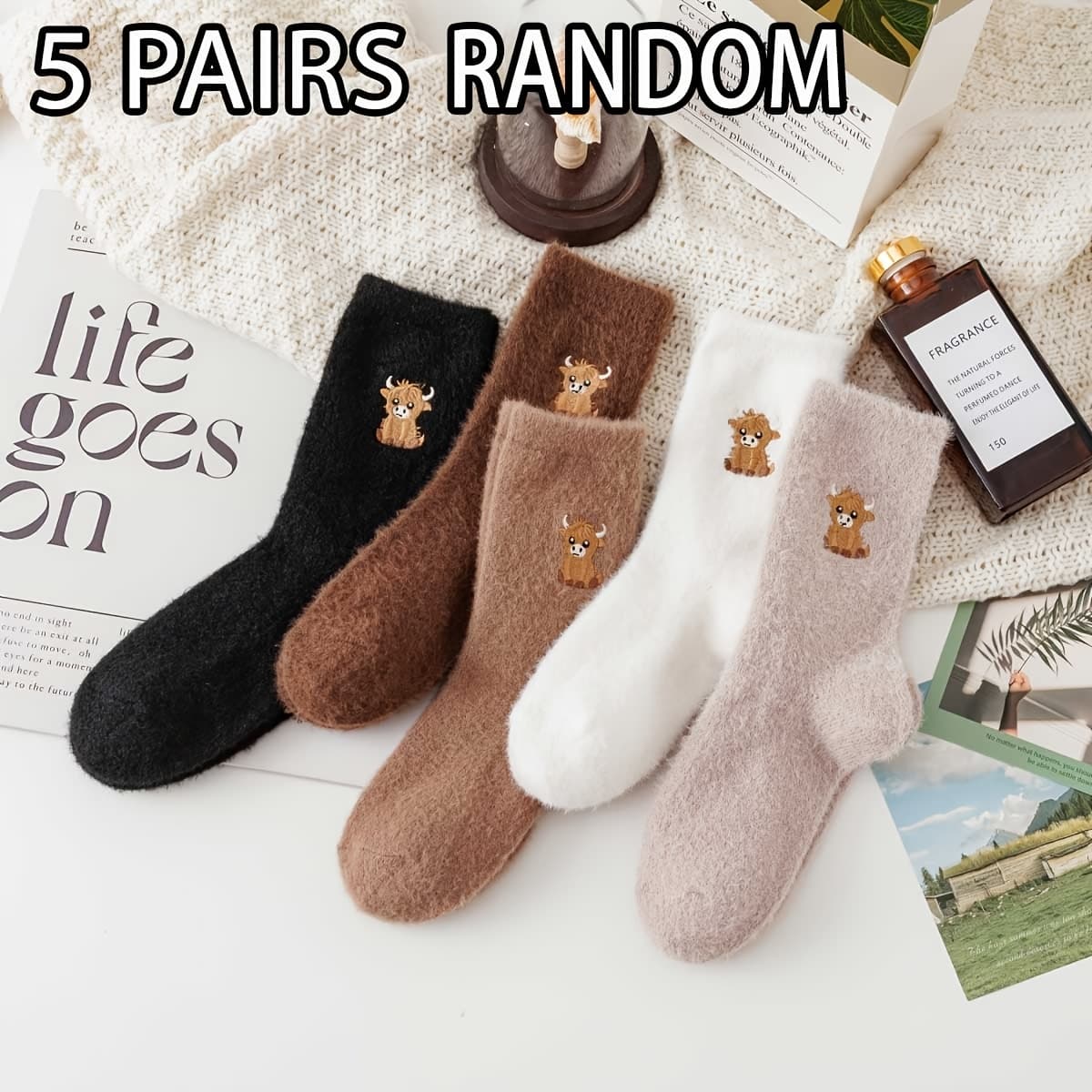TEMU 1/3/5 Pairs Of Women's Embroidered Calf Plush Socks, Thickened And Warm For Winter, Cartoon Style, , Sleep Socks, Trendy And Versatile Brown Color, .
