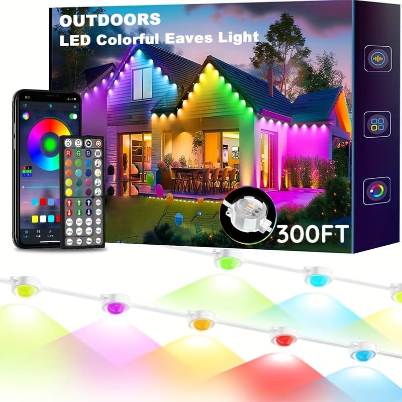 TEMU 300ft Permanent Rgb Eave Light Featuring App Control, Remote Control, Scene Mode, For Outdoor Decoration, Suitable For Garden, Parties, And Holidays