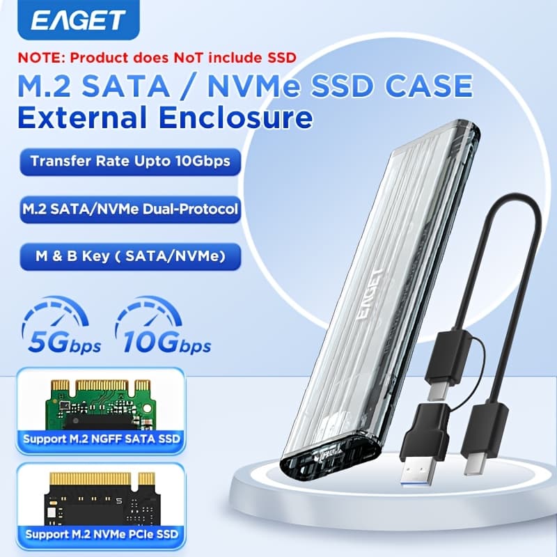 TEMU Eaget Se150d M. 2 Sata/nvme Enclosure Adapter - Transparent External Solid State Drive Case For 2280, 2260, 2242, 2230 Pci-e M&b-key Ssds With Usb 3. 2 Type C Converter (ssd Not Included), Eaget