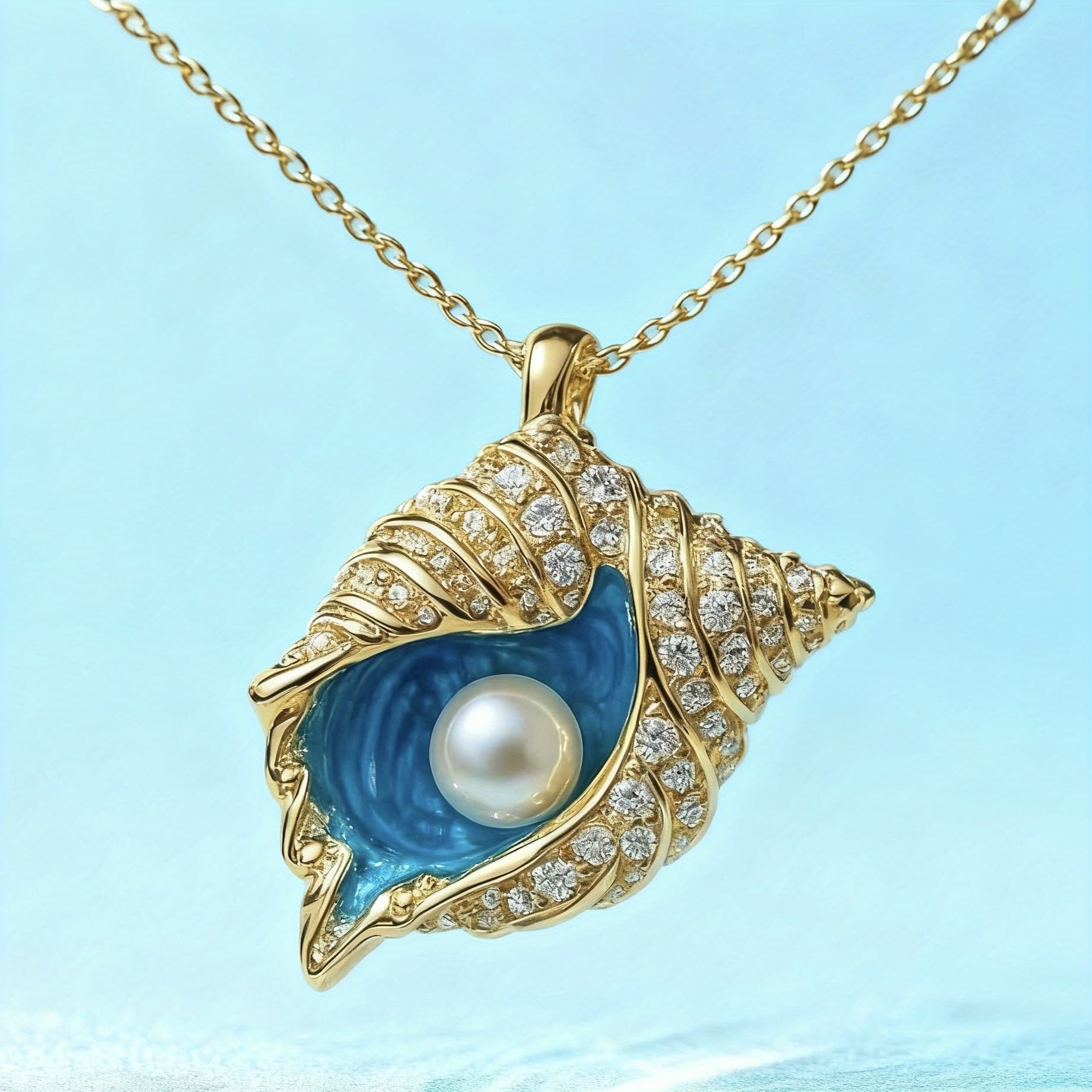 TEMU Fashionable Conch Design Pendant Necklace, Embellished With Blue Enamel, Light Classic Women's Copper Collarbone Chain, Gemstone Necklace - Beach Casual Necklace/holiday Gift