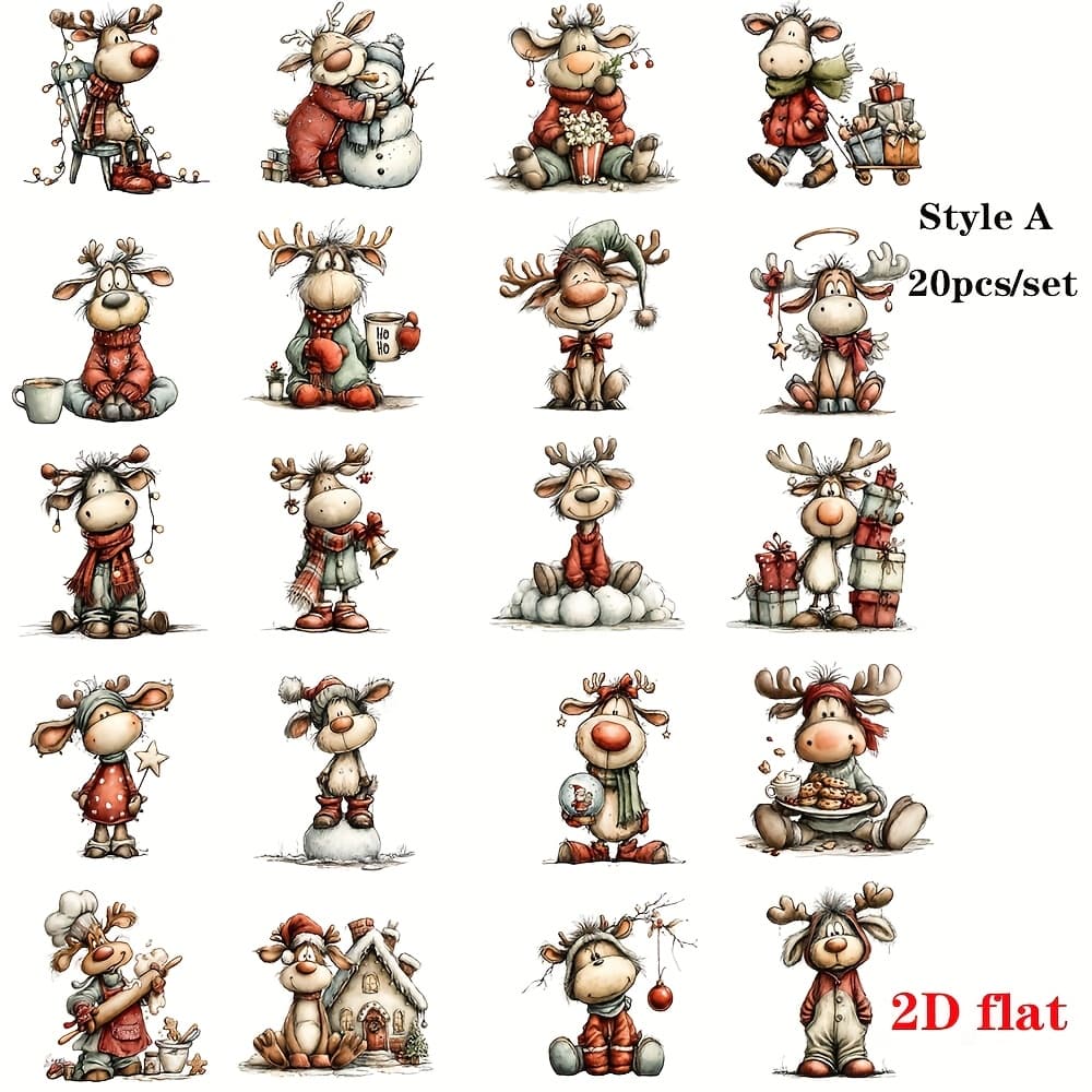 TEMU Set Of 20 Vintage Christmas Adorable Reindeer Handmade Stickers For Decoration, 2d Flat Design