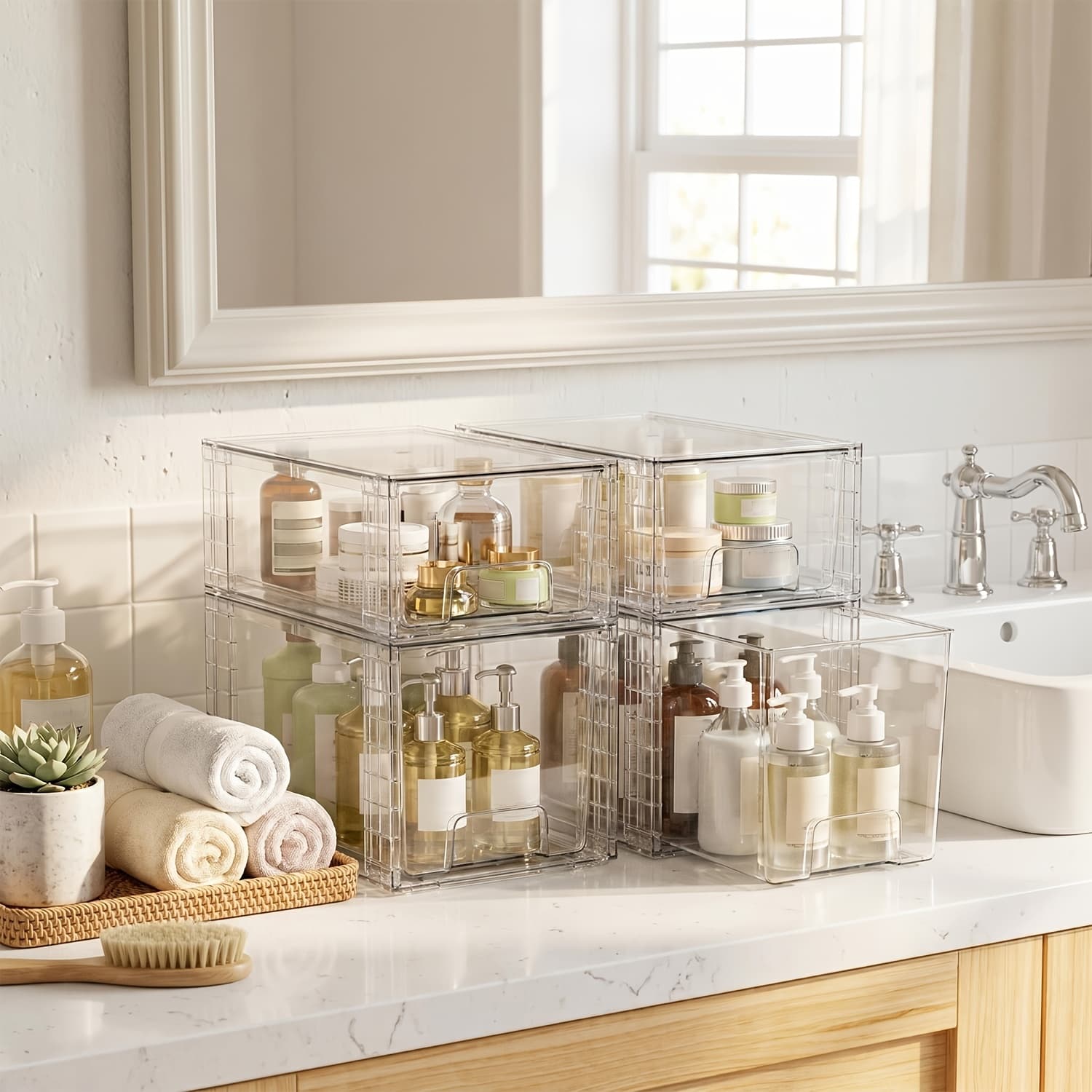 TEMU 4 Pack Display Cabinet, Clear Stackable Storage Drawers, Easy To Assemble Bathroom Organizers And Storage With Handles, Plastic Drawers For Kitchen Pantry, Cabinet, Under Sink Organization