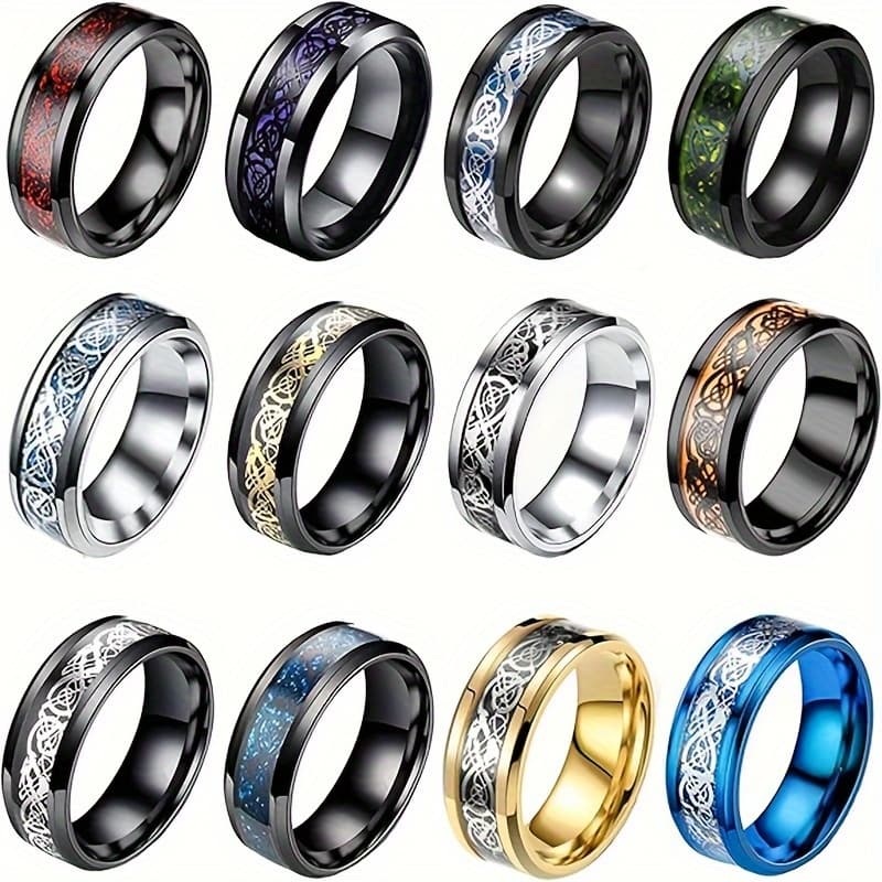 TEMU 12pcs Of 8mm 201 Stainless Steel Rings For Men And Women, Celtic Dragon Celtic Black Ring, 201 Stainless Steel Ring Set Size 7-13, Non