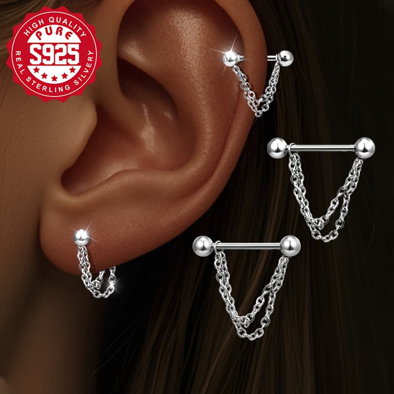 TEMU S925 Sterling Silver Hypoallergenic Ball Chain Stud Earrings - 1 Pair, Fashionable & Chic, Lightweight 1.14g, Daily & Vacation Wear, Elegant Design