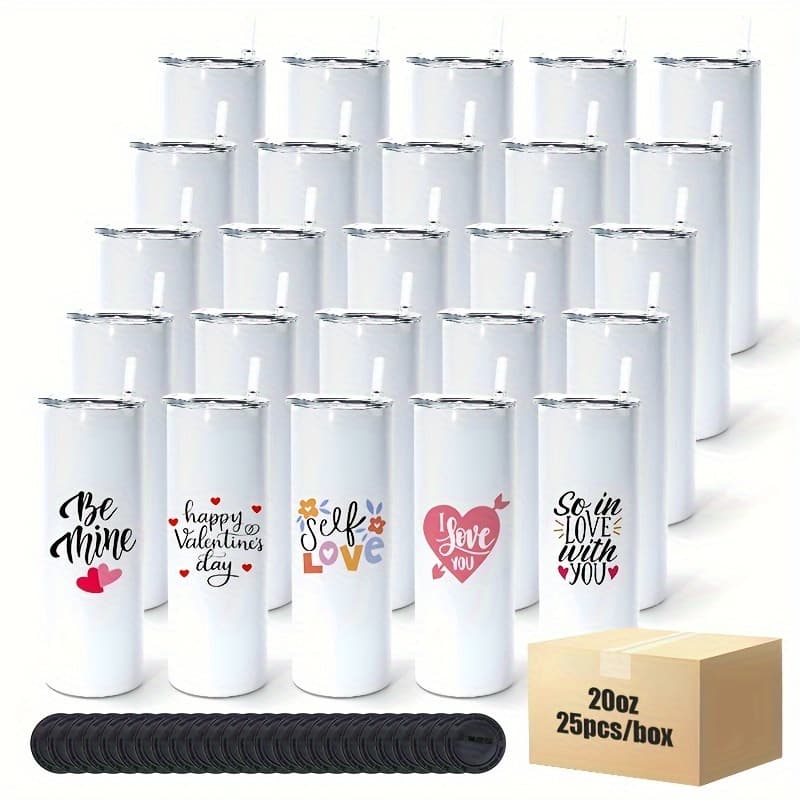 TEMU 25pcs Of 20oz Sublimation Blank Skinny Straight Tumblers Featuring A Rubber Base And Straw Lid, In Wholesale Bulk. Vacuum Insulated Stainless Steel Tumblers Are White And Suitable For Beverages