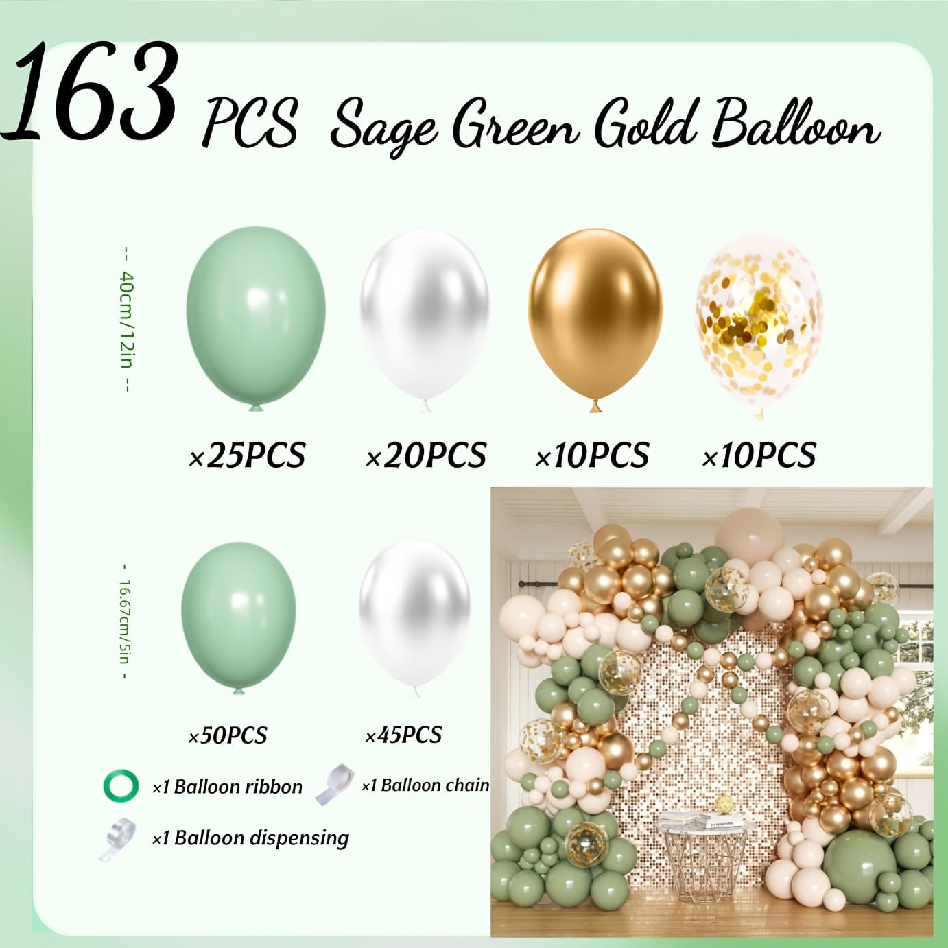 TEMU 163pcs Sage Green Balloon Arch Set, Sage White And Golden Confetti Balloon Garland, Suitable For Wedding, Jungle Theme Party, Birthday, Anniversary, Bridal Shower, Gender Reveal, Party