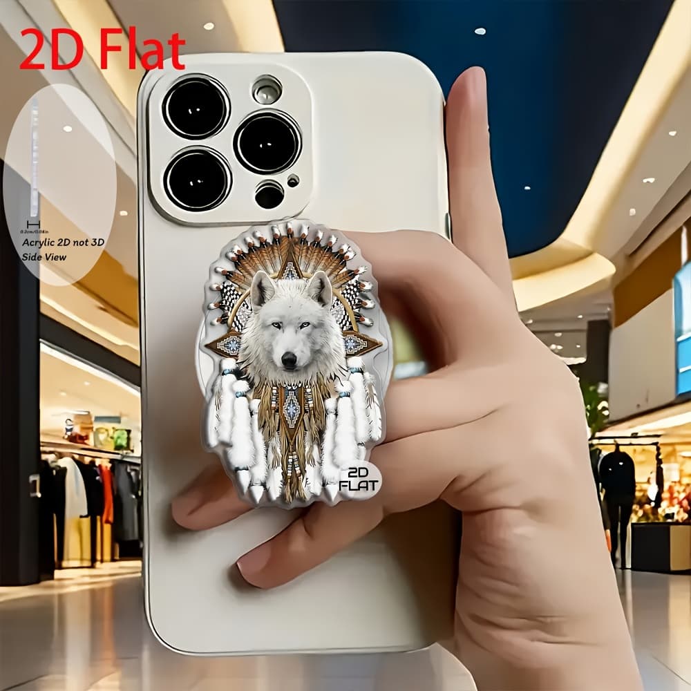 TEMU 2d Flat Fashion White Wolf Totem Feather Art Acrylic Retractable Mobile Phone Holder, Pop-up Mobile Phone Holder