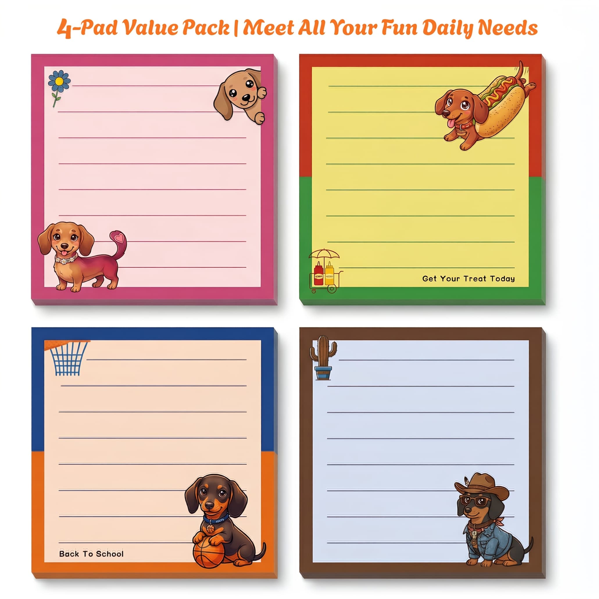 TEMU Dachshund Dog Sticky Notes Memo Pad, 3x3 Lined Sticky Notes For Office Desk, School Supplies, Planner, To Do List And Daily Reminders, Cute Dog Note Pads, 1 Random Pad Or 4 Pads Set