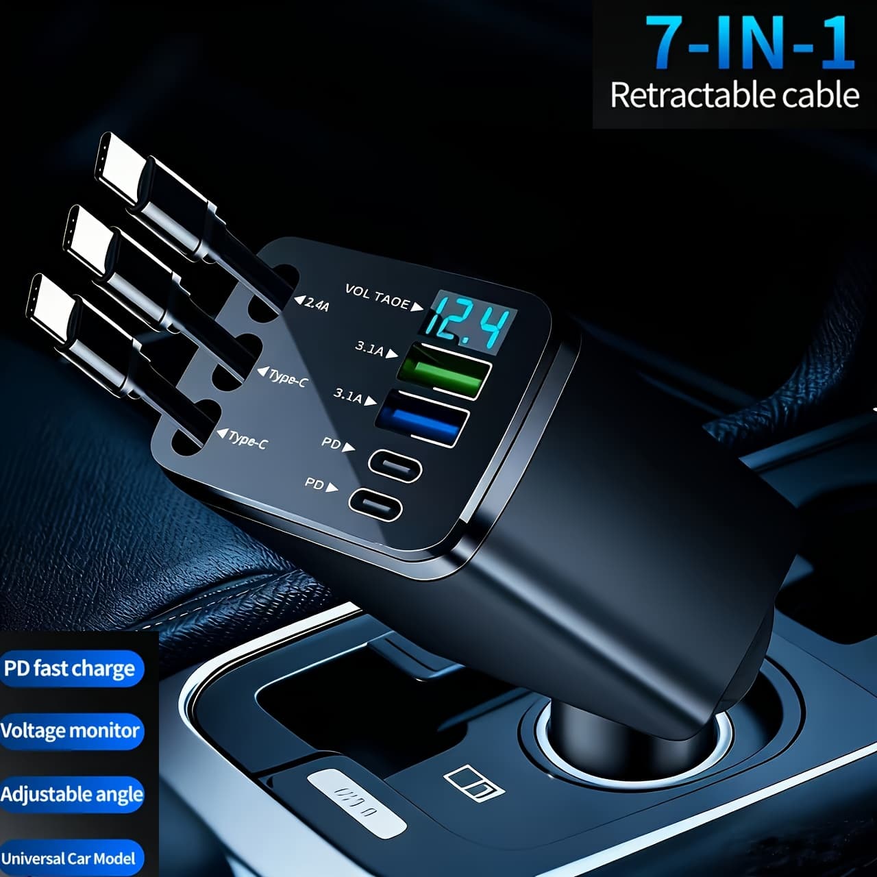 TEMU 7-in-1 Car Fast Charging Mobile Phone Charger, With 3 Extendable Cables And Fast Charging Interface, Universal Plug, Easy To Operate, Supports 180 ° Free , And Is With Led Display Screen
