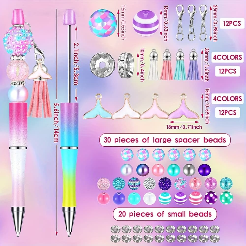TEMU 12-set Of Ocean-themed Mermaid Bead Pen Set Includes Gradient Colored Bead Pens, Fish Tail Shaped Pendant Additions, Tassel Lobster Clasps, Suitable For Holiday Gifts