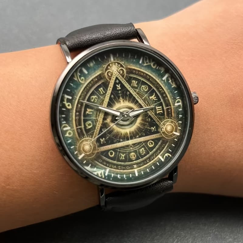 TEMU 1pc Men's Zodiac Sign Quartz Watch, Round Alloy Case, Faux Leather Strap, Battery-powered, Non-waterproof, Display, Electronic Quartz Movement