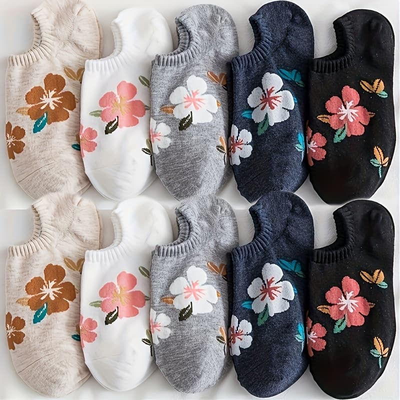 TEMU 5/10 Pairs Of Plant Flower Boat Socks, Cute , Shallow Mouthed, Invisible Short Tube, Breathable And Soft In Summer, Not Falling Off