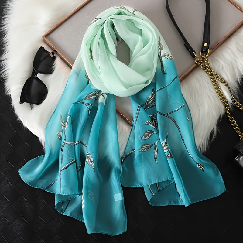TEMU 1pc Chiffon Scarf - Floral Pattern - Soft And Breathable - Lightweight - Elegant Green And - Perfect For Spring And Summer - Ideal Gift For Women