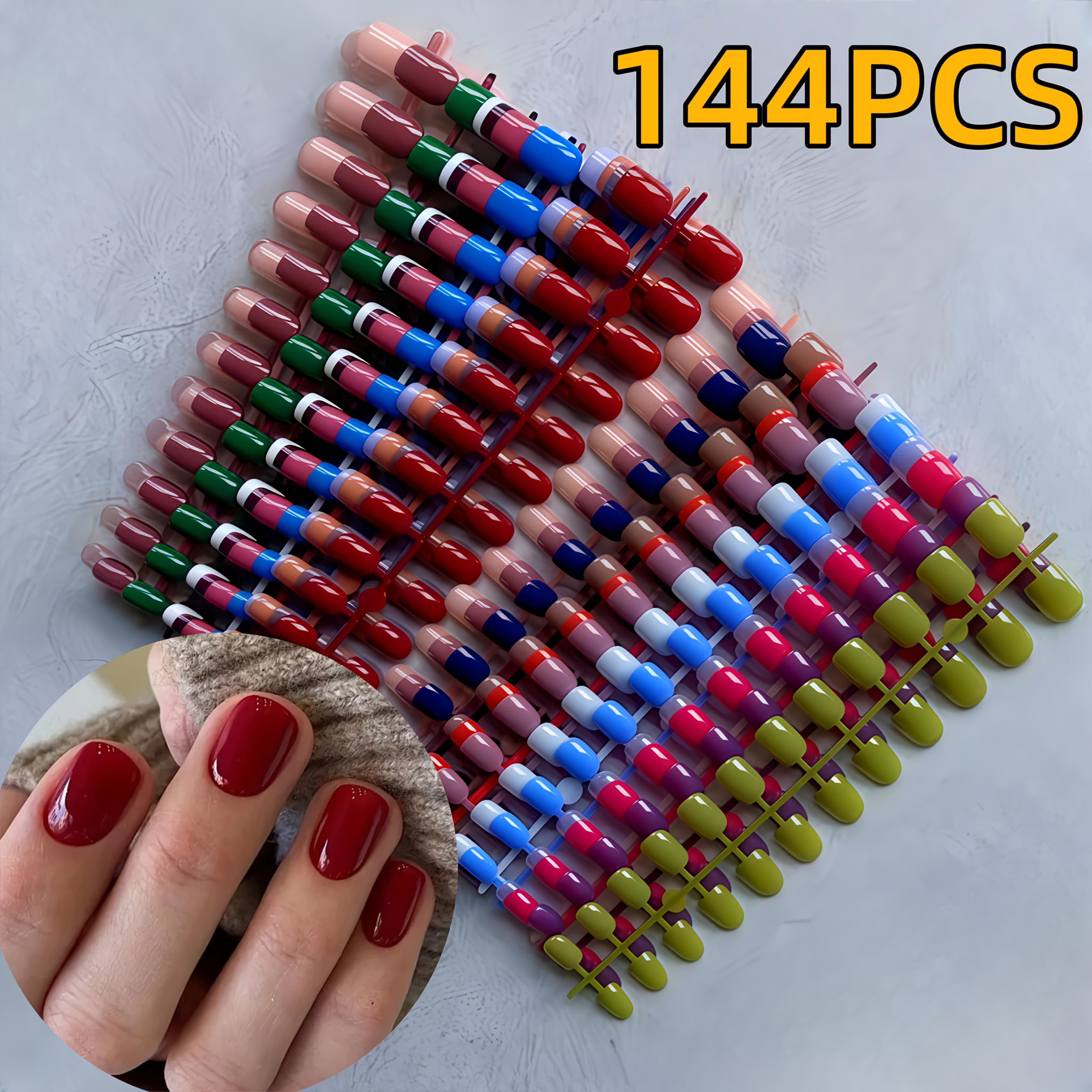 TEMU 72pcs/144pcs Mixed Color Short Square Press-on Nails, Reusable Glossy Finish False Nails For Women And S, & Match, Salon-quality Design For A Stylish Look At Home