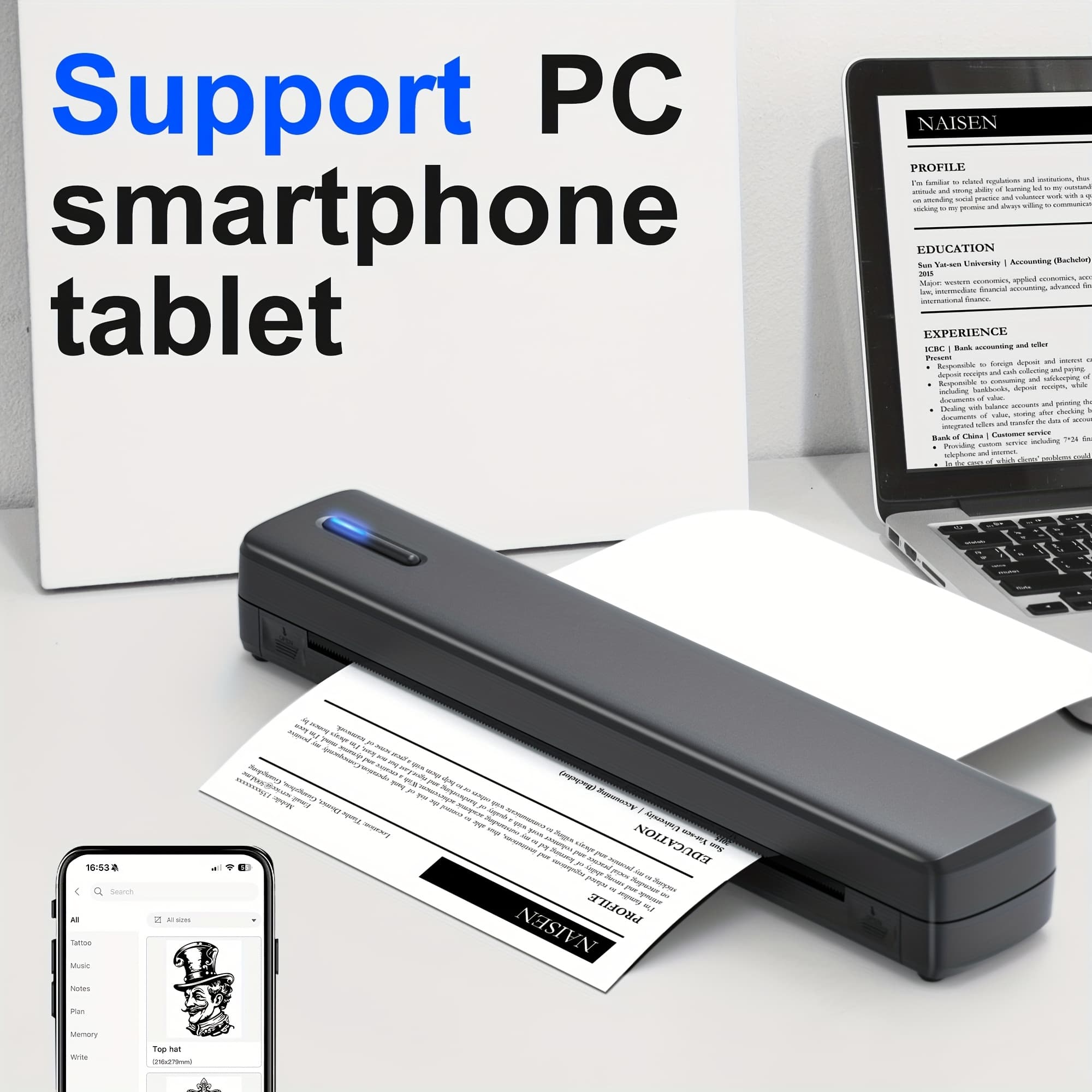 TEMU Portable Printer Wireless For Travel, D810b Thermal Printer Support For 8.5"x11" Us Letter, Inkless Printer Compatible With Laptop For Office, Car And Home, Black