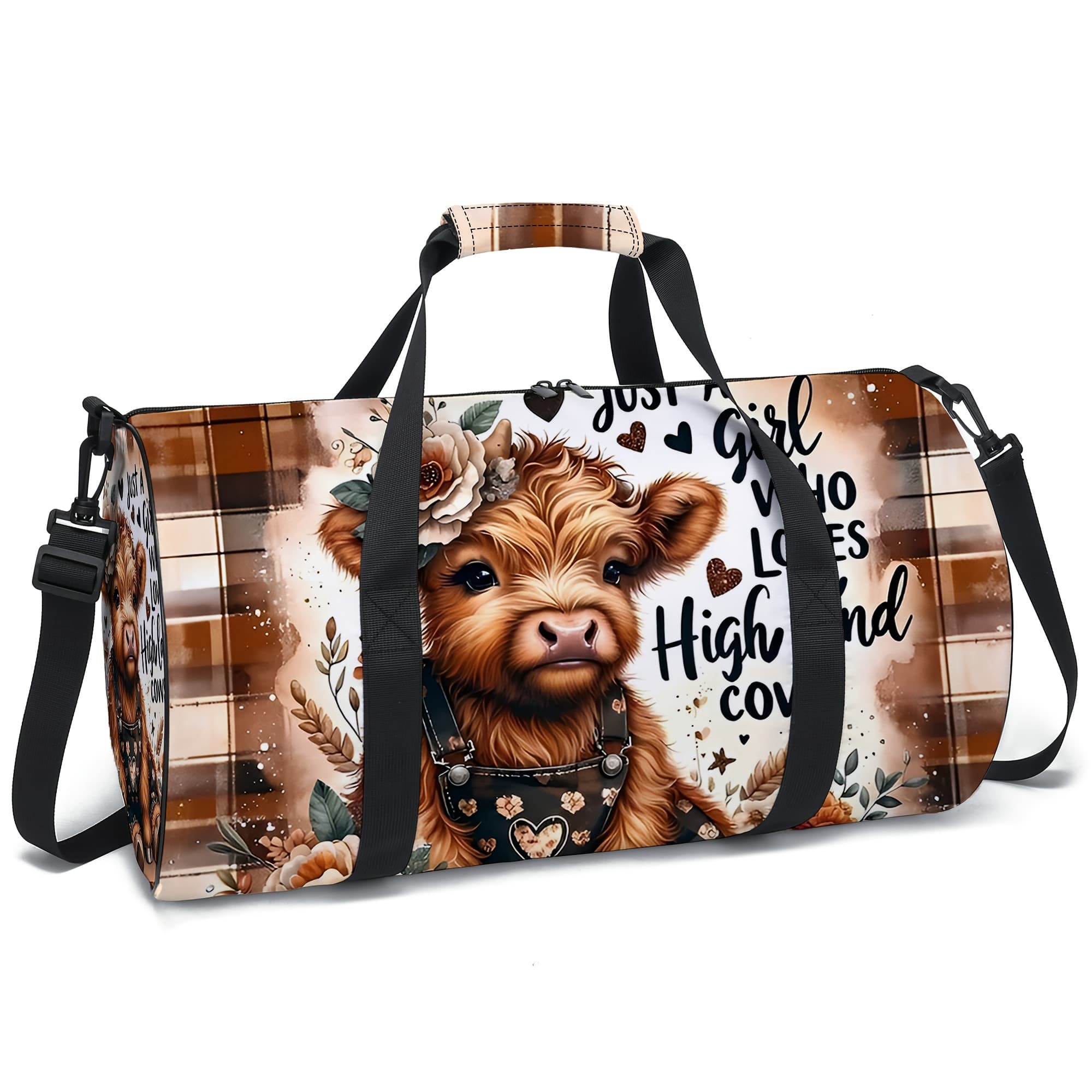 TEMU Highland Cow Pattern Travel Bag Smooth Polyester Fabric Clothing Storage Bag Ideal For Back-to-school, Camping, And Travel