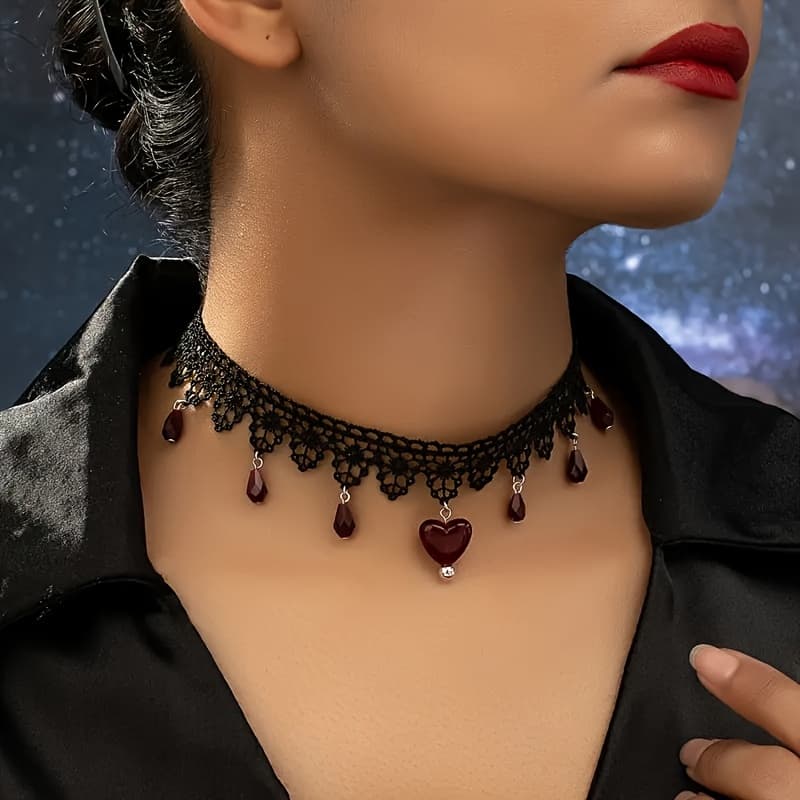 TEMU A Vintage Style Gothic Fashion Red Heart Pendant Black Lace Choker Necklace, Suitable For Halloween Parties And Daily Wear