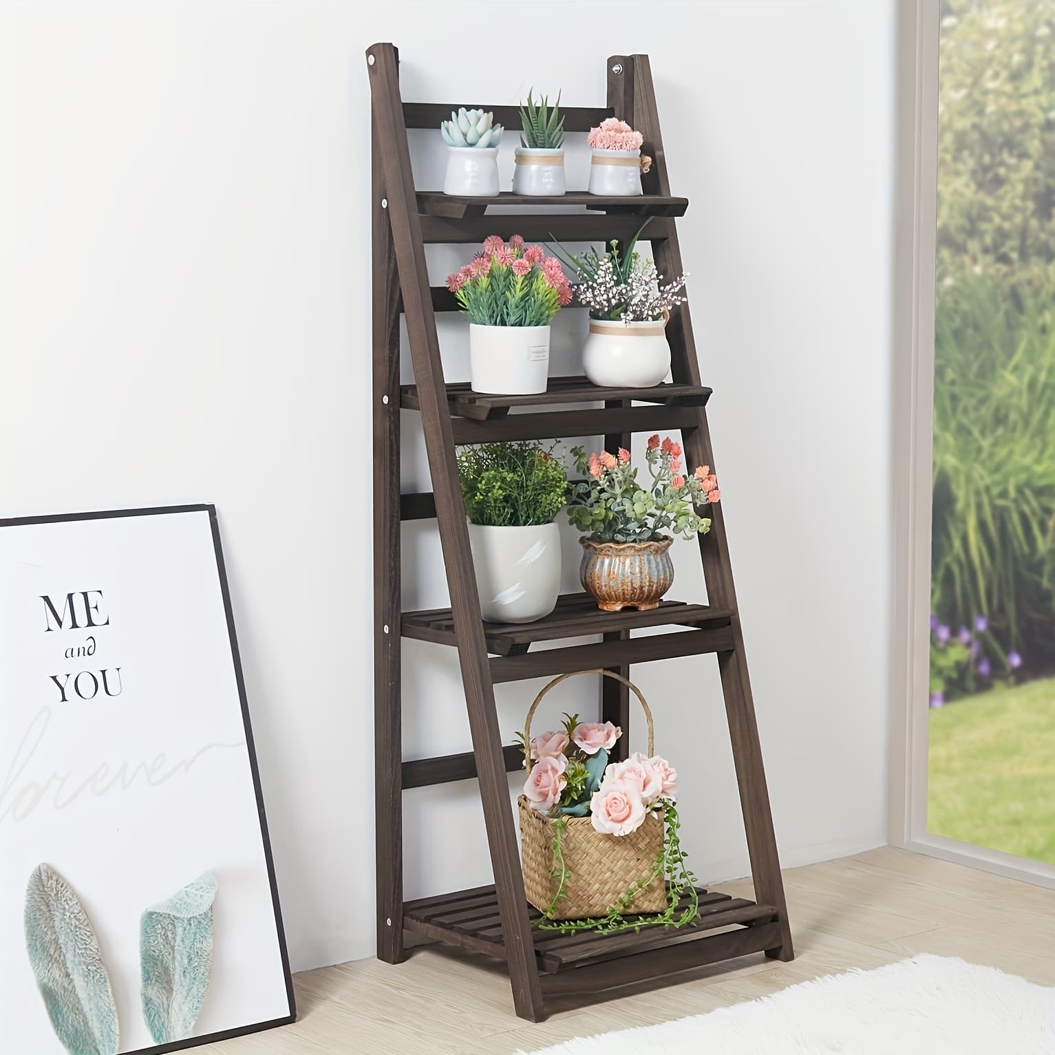 TEMU A Sturdy Wooden Plant Display Stand With 4 Levels, Perfect For Organizing , Patio, Balcony, Or Living Room Corner