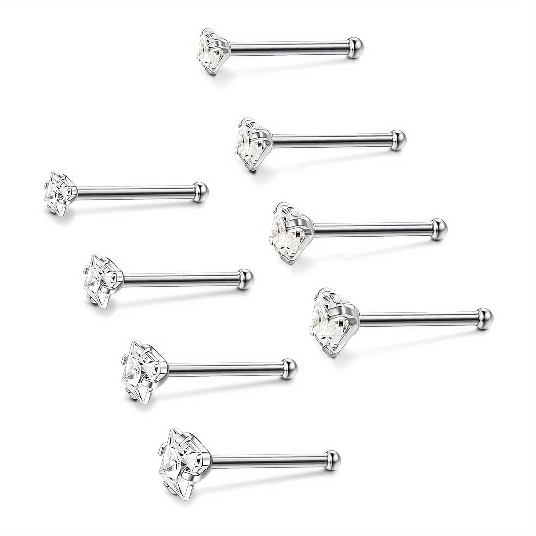 TEMU 8pcs Nose Ring Studs 316l Surgical Steel Nose Piercing Studs 1.5 Mm 2 Mm 2.5 Mm 3 Mm Cz Nostril Piercing Jewelry L Shaped Nose Ring For Men And Women 20g/18g